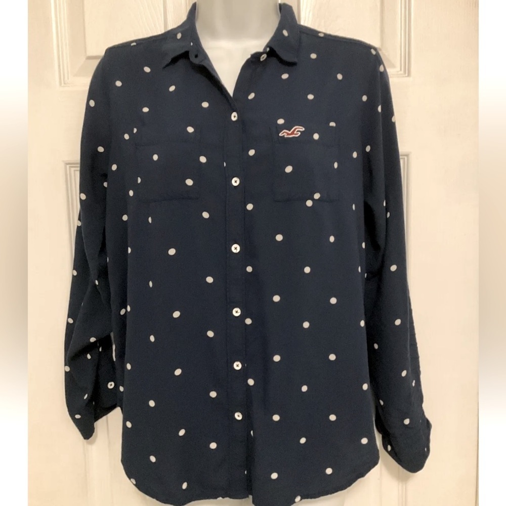 Hollister Women’s Button Down‎ Polka Dot Roll Tab Sleeves Top Size S